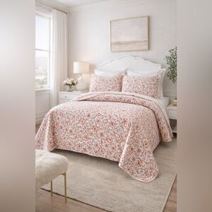 Caro Home Reversible King Quilt Set 3pc Floral Patterned Coral Peach 100% Cotton